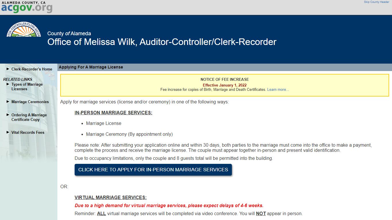 Applying For A Marriage License - Clerk-Recorder's Office - Alameda County