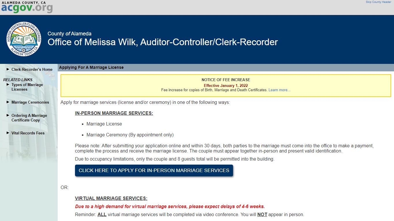 Applying For A Marriage License - Clerk-Recorder's Office - Alameda County